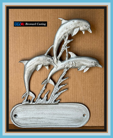 Cast Aluminum Pewter Jumping Dolphins Decorative Address Plaque
